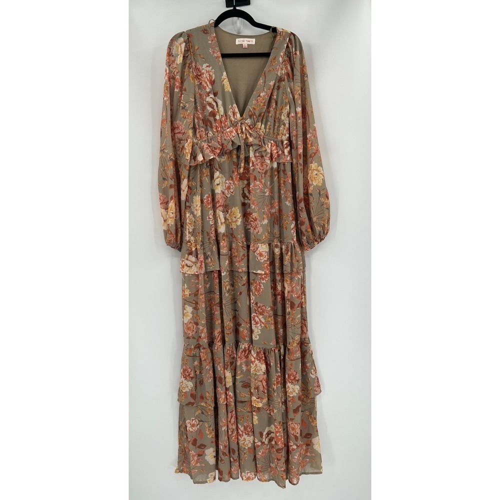 Flying Tomato Womens Sz XL Brown Floral Long Sleeve Maxi Dress Tiered Ruffle